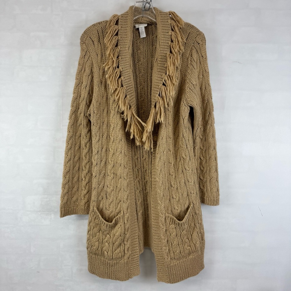 Chico’s Tan Cable Knit Fringe Open Front Cardigan Sweater Size 1 Medium